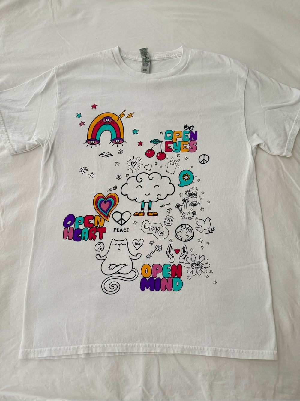 Gildan Open Mind Heart Graphic Tee Y2K Hippie Doodle White Size M